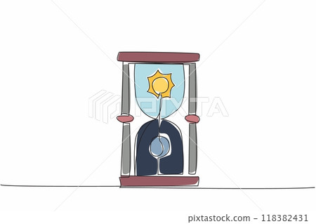 Single one line drawing hourglass as a marker of day and night. Sun on top, full moon on the opposite side. Duration is the same 12 hours. Spring Equinox. Continuous line design graphic illustration 118382431