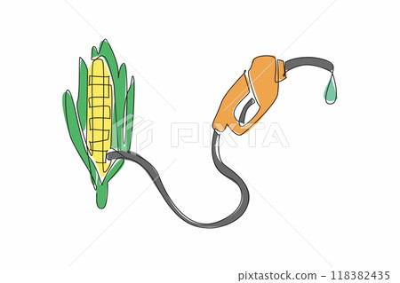Single one line drawing petrol hose with corn in the center when the nozzle releases a drop of fuel. Easy to process raw material. National Biodiesel Day. Continuous line design graphic illustration Single one line drawing petrol hose with corn in the center when the nozzle releases a drop of fuel. Easy to process raw material. National Biodiesel Day. Continuous line design graphic illustration 118382435