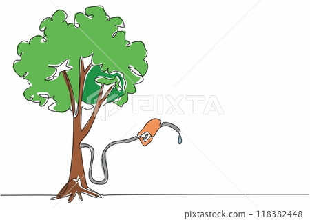 Continuous one line drawing a petrol hose filled with fuel sourced from tree trunks. Sourced from nature and easy to find. Care. National Biodiesel Day. Single line draw design vector illustration 118382448
