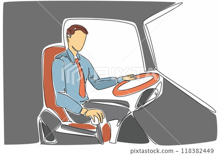 Continuous one line drawing male driver holding bus transmission. Ready to pick up passengers at various stops. Worker. Transit Driver Appreciation Day. Single line draw design vector illustration 118382449