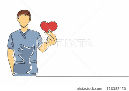 Continuous one line drawing male nurse holding small heart shaped pillow. Provide even the smallest care. Community service. Nursing. Certified Nurses Day. Single line draw design vector illustration 118382450