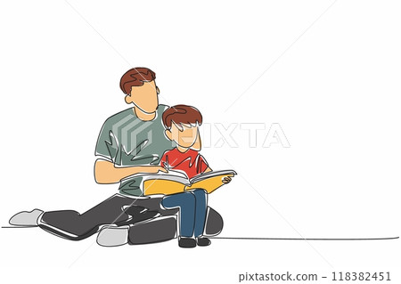 Single continuous line drawing boy sitting on father's lap. Sitting relaxed on floor reading book. Make books something interesting. International Read to Me Day. One line design vector illustration 118382451