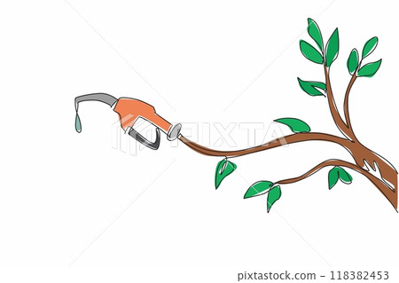 Single one line drawing the hose with petrol dripping from the nozzle tip coming out of a tree branch. Have the same good quality. National Biodiesel Day. Continuous line design graphic illustration Single one line drawing the hose with petrol dripping from the nozzle tip coming out of a tree branch. Have the same good quality. National Biodiesel Day. Continuous line design graphic illustration 118382453
