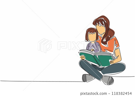 Single continuous line drawing daughter sit on mother's lap. Sitting cross-legged focusing on reading book. Funny fictional stories. International Read to Me Day. One line design vector illustration Single continuous line drawing daughter sit on mother's lap. Sitting cross-legged focusing on reading book. Funny fictional stories. International Read to Me Day. One line design vector illustration 118382454