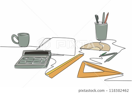 Single continuous line drawing calculator, protractor, compass and pencil case scattered around. Trying the easiest formula. International Day of Mathematics. One line design vector illustration 118382462