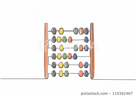 Single one line drawing the abacus from wood. An old-fashioned counting tool. Used by children who are learning. Classic. International Day of Mathematics. Continuous line design graphic illustration Single one line drawing the abacus from wood. An old-fashioned counting tool. Used by children who are learning. Classic. International Day of Mathematics. Continuous line design graphic illustration 118382467