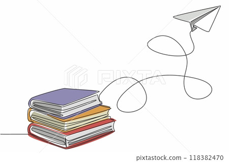 Continuous one line drawing a stack of books with a paper airplane flying above. Increase the knowledge by reading a lot. International Day of Mathematics. Single line draw design vector illustration Continuous one line drawing a stack of books with a paper airplane flying above. Increase the knowledge by reading a lot. International Day of Mathematics. Single line draw design vector illustration 118382470