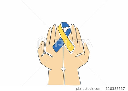 Single continuous line drawing campaign ribbon on both palms. Community. Symbol. Looking for fundraising. They need attention. Equality. World Down Syndrome Day. One line design vector illustration 118382537