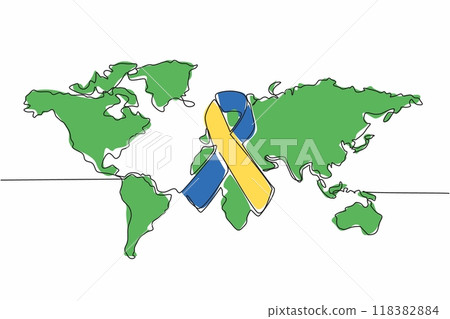 Single one line drawing ribbon with world map background. Down syndrome can be prevented. Provide best nutrition during pregnancy. World Down Syndrome Day. Continuous line design graphic illustration Single one line drawing ribbon with world map background. Down syndrome can be prevented. Provide best nutrition during pregnancy. World Down Syndrome Day. Continuous line design graphic illustration 118382884