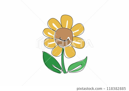 Single continuous line drawing leafy flower with smiling mouth in the middle. Beautiful nature is a delight for all. Very happy. International Day of Happiness. One line design vector illustration Single continuous line drawing leafy flower with smiling mouth in the middle. Beautiful nature is a delight for all. Very happy. International Day of Happiness. One line design vector illustration 118382885