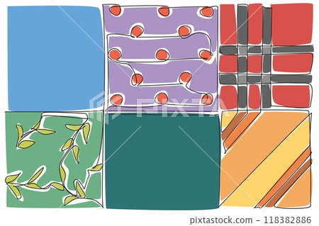 Single continuous line drawing the checkered fabric stitching with multi-patterns and colorful. Patchwork quilt. Handicraft products. Woven. National Quilting Day. One line design vector illustration Single continuous line drawing the checkered fabric stitching with multi-patterns and colorful. Patchwork quilt. Handicraft products. Woven. National Quilting Day. One line design vector illustration 118382886