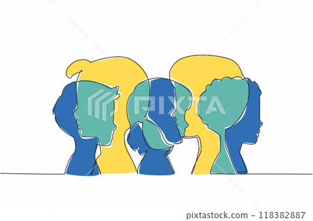 Single continuous line drawing silhouettes of children's heads overlapping each other. Awareness of down syndrome. Having equal rights. World Down Syndrome Day. One line design vector illustration 118382887
