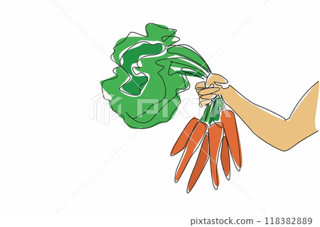 Single one line drawing hands holding some carrots. Organic. Harvest at the right time. Rabbit feed. Good vitamins for eye health. National Agriculture Day. Continuous line design graphic illustration 118382889