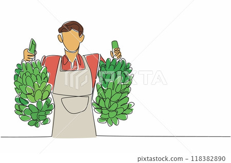 Single continuous line drawing male farmer holding two bunches of bananas with both hands. Abundant banana harvest. Healthy snack. Fruit. National Agriculture Day. One line design vector illustration Single continuous line drawing male farmer holding two bunches of bananas with both hands. Abundant banana harvest. Healthy snack. Fruit. National Agriculture Day. One line design vector illustration 118382890