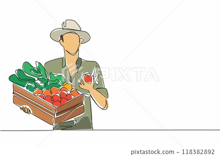Continuous one line drawing male farmer carrying wooden box containing vegetables. What a wonderful harvest season. Blessings. National Agriculture Day. Single line draw design vector illustration Continuous one line drawing male farmer carrying wooden box containing vegetables. What a wonderful harvest season. Blessings. National Agriculture Day. Single line draw design vector illustration 118382892