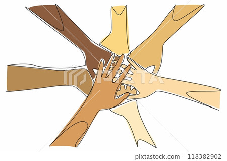 Single continuous line drawing seven hands put their hands together. United despite different color. International Day for the Elimination of Racial Discrimination. One line design vector illustration 118382902