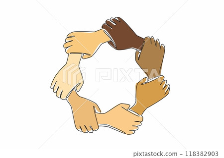 Continuous one line drawing seven colorful hands holding each other. Multi ethnic. United. International Day for the Elimination of Racial Discrimination. Single line draw design vector illustration 118382903