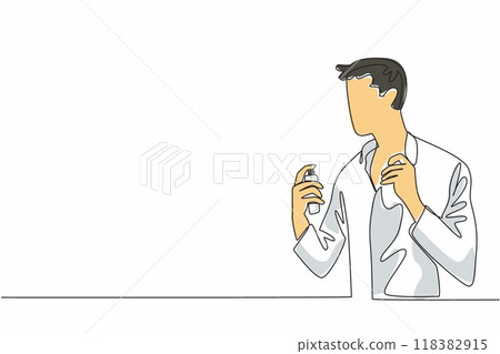 Single one line drawing man in shirt sprays perfume on neck. Look elegant and fragrant before going on a business trip. Calming. National Fragrance Day. Continuous line design graphic illustration 118382915