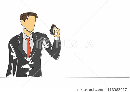 Continuous one line drawing man in suit holding perfume. Digital perfume ads. Aimed at young entrepreneurs. Masculine fragrance. National Fragrance Day. Single line draw design vector illustration Continuous one line drawing man in suit holding perfume. Digital perfume ads. Aimed at young entrepreneurs. Masculine fragrance. National Fragrance Day. Single line draw design vector illustration 118382917
