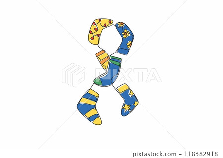 Single one line drawing six socks with different motifs and colors in the form of campaign ribbon. Has a blue yellow color. Caring. World Down Syndrome Day. Continuous line design graphic illustration Single one line drawing six socks with different motifs and colors in the form of campaign ribbon. Has a blue yellow color. Caring. World Down Syndrome Day. Continuous line design graphic illustration 118382918