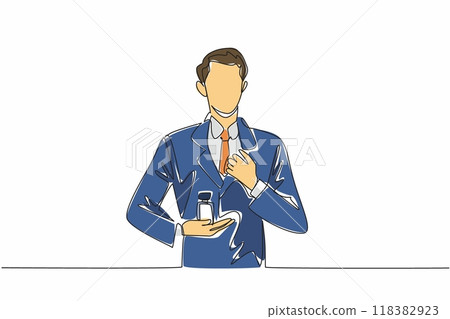 Single continuous line drawing man in suit puts perfume on palm of hand. A very elegant blend of masculine and sporty scents. Make calm. National Fragrance Day. One line design vector illustration 118382923