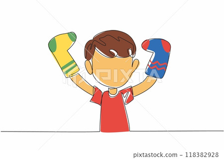 Continuous one line drawing boys wear different socks on both hands. Attention seeking intrigue. Nondisjunction embryo. Campaign. World Down Syndrome Day. Single line draw design vector illustration 118382928
