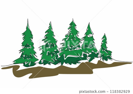 Single one line drawing many large pine trees lined up. Greening action. Reducing unnecessary carbon substances. Environment. International Day of Forests. Continuous line design graphic illustration Single one line drawing many large pine trees lined up. Greening action. Reducing unnecessary carbon substances. Environment. International Day of Forests. Continuous line design graphic illustration 118382929