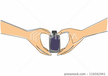 Continuous one line drawing the perfume hold in a heart-shaped hand. Fragrance maniac. Sandalwood scent lover. Masculine. Elegance. National Fragrance Day. Single line draw design vector illustration 118382941