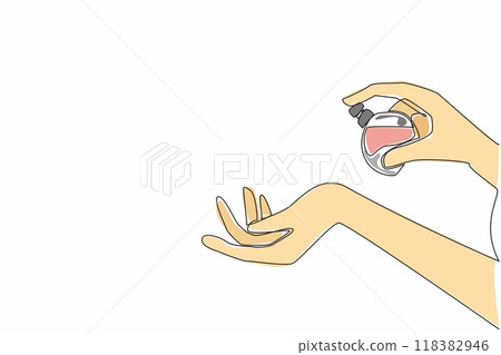 Single continuous line drawing spray perfume on the wrist. The location of body heat. Helps spread scent effectively. Timeless fragrance. National Fragrance Day. One line design vector illustration Single continuous line drawing spray perfume on the wrist. The location of body heat. Helps spread scent effectively. Timeless fragrance. National Fragrance Day. One line design vector illustration 118382946