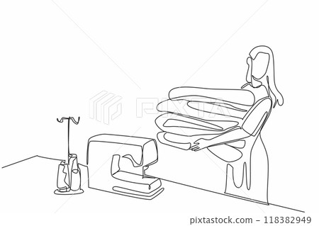 Single continuous line drawing women carrying piles of colorful fabrics. Ready to be placed near the sewing machine. Getting creative. Craft. National Quilting Day. One line design vector illustration 118382949