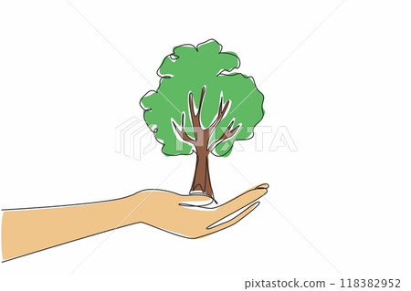 Single one line drawing open palm with big tree on top. There is no time to destroy forest. One big tree has many benefits. International Day of Forests. Continuous line design graphic illustration 118382952