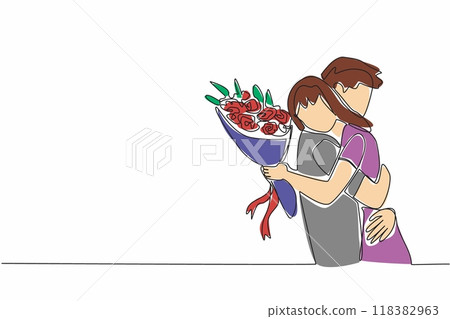Single one line drawing man hugging woman and...-插圖素材 [118382963] - PIXTA圖庫