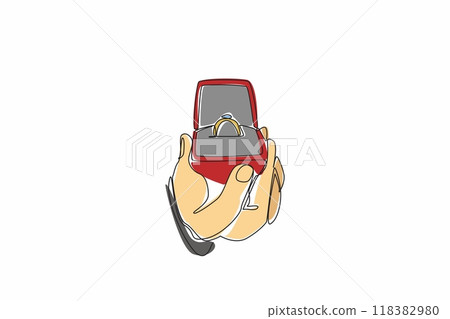 Single one line drawing man's hand holding a ring box containing a diamond ring. Concept of romantic wedding proposal. Engaged. National Proposal Day. Continuous line design graphic illustration Single one line drawing man's hand holding a ring box containing a diamond ring. Concept of romantic wedding proposal. Engaged. National Proposal Day. Continuous line design graphic illustration 118382980