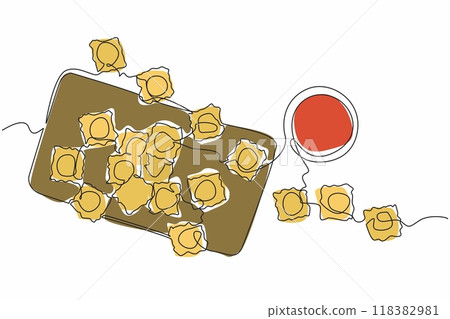 Single one line drawing ravioli spread out on a cutting board. Dough is done. Next step is cooking. Enjoy it warm with tomato sauce. National Ravioli Day. Continuous line design graphic illustration 118382981