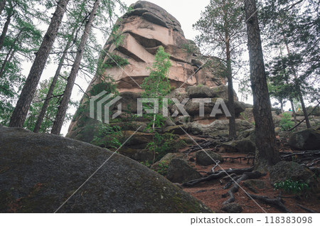Taiga forest and rocks of the Stolby nature reserve park 118383098