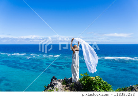 A female tourist photographed from a scenic spot, no face 118383258
