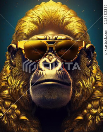 Golden gorilla wearing sunglasses 118383353