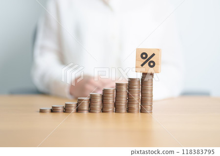 wood block of percentage with money coins stack. Interest rate, GDP, stocks market, financial, deflation and Inflation, business Growth, mortgage, debt, Loan and Economic Recession wood block of percentage with money coins stack. Interest rate, GDP, stocks market, financial, deflation and Inflation, business Growth, mortgage, debt, Loan and Economic Recession 118383795