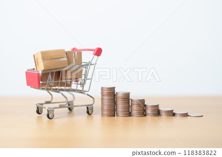 Boxes with shopping cart and money coins stack. online shopping, Marketplace platform website, technology, ecommerce, shipping delivery, logistics and online payment concepts Boxes with shopping cart and money coins stack. online shopping, Marketplace platform website, technology, ecommerce, shipping delivery, logistics and online payment concepts 118383822