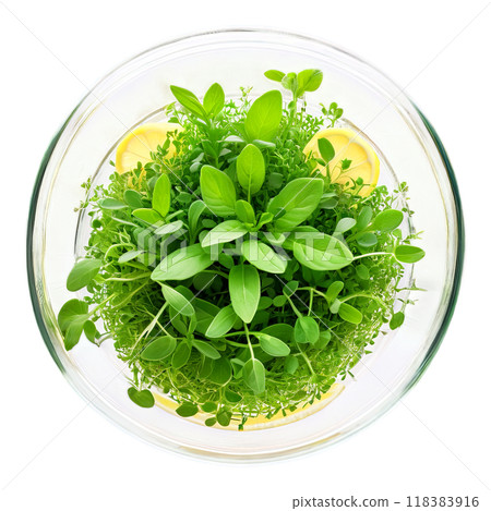 A refreshing blend of mint and lemon verbena microgreens in a tall, slender glass bowl, garnished with a 118383916