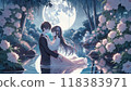 月圓之夜的梅花、穿著和服的女人和看梅花的情侶的插畫 118383971