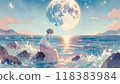 蔚藍的大海上漂浮著一幅滿月、浮木、海面倒影的神秘風景畫。 118383984