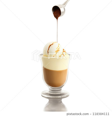 Affogato vanilla gelato scoop espresso stream pouring cocoa powder dusting isolated on transparent Food and 118384111