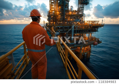 An HSE officer on an offshore platform implementing safety protocols to ensure compliance with maritime regulations in the oil and gas industry. 118384983