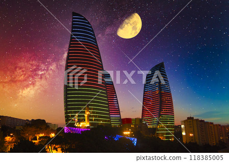 Baku's modern buildings and starry sky composite 118385005