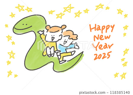 騎在大蛇背上的孩子新年賀卡令和七年2025年手繪圖線圖 118385140