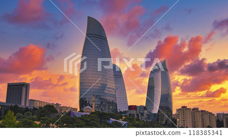 Baku's modern buildings in the sunset 118385341