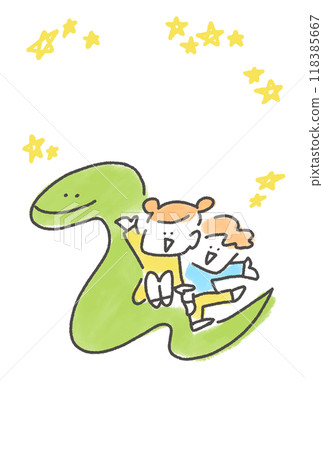 Children riding on the back of a big snake New Year's card material Hand-drawn Star 118385667