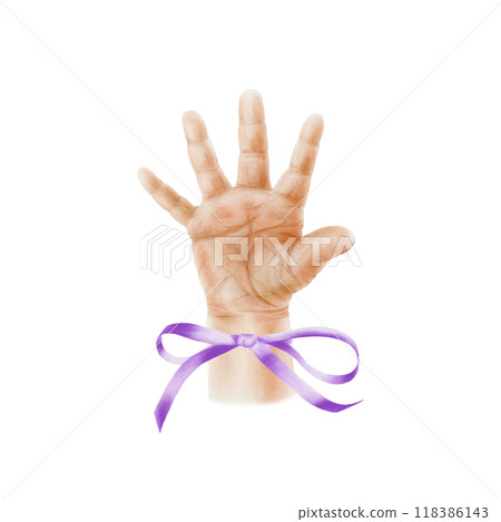 Open small palm of a newborn baby with purple ribbon as a symbol of World Prematurity Day, new life, birth,motherhood,family and love. Watercolor illustration isolated transparent background 118386143