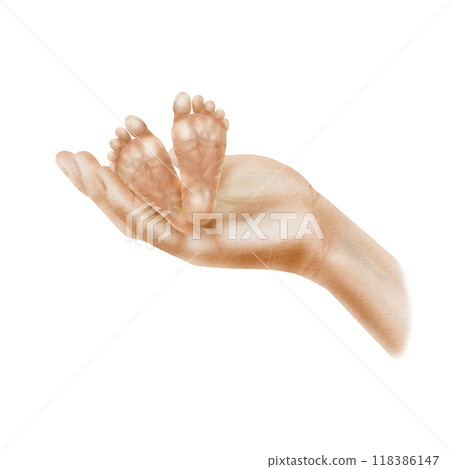 A parent's hand gently, lovingly holds the legs of his newborn premature baby with wrinkles on the feet. Watercolor clipart in soft colors. Isolated illustration on transparent background A parent's hand gently, lovingly holds the legs of his newborn premature baby with wrinkles on the feet. Watercolor clipart in soft colors. Isolated illustration on transparent background 118386147